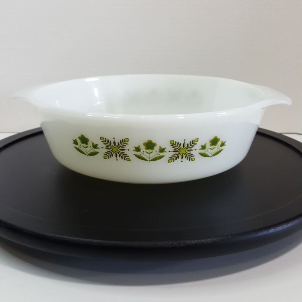 Fire King Meadow Green 2-Qt White Glass Casserole Dish number 438 Vintage 1970s